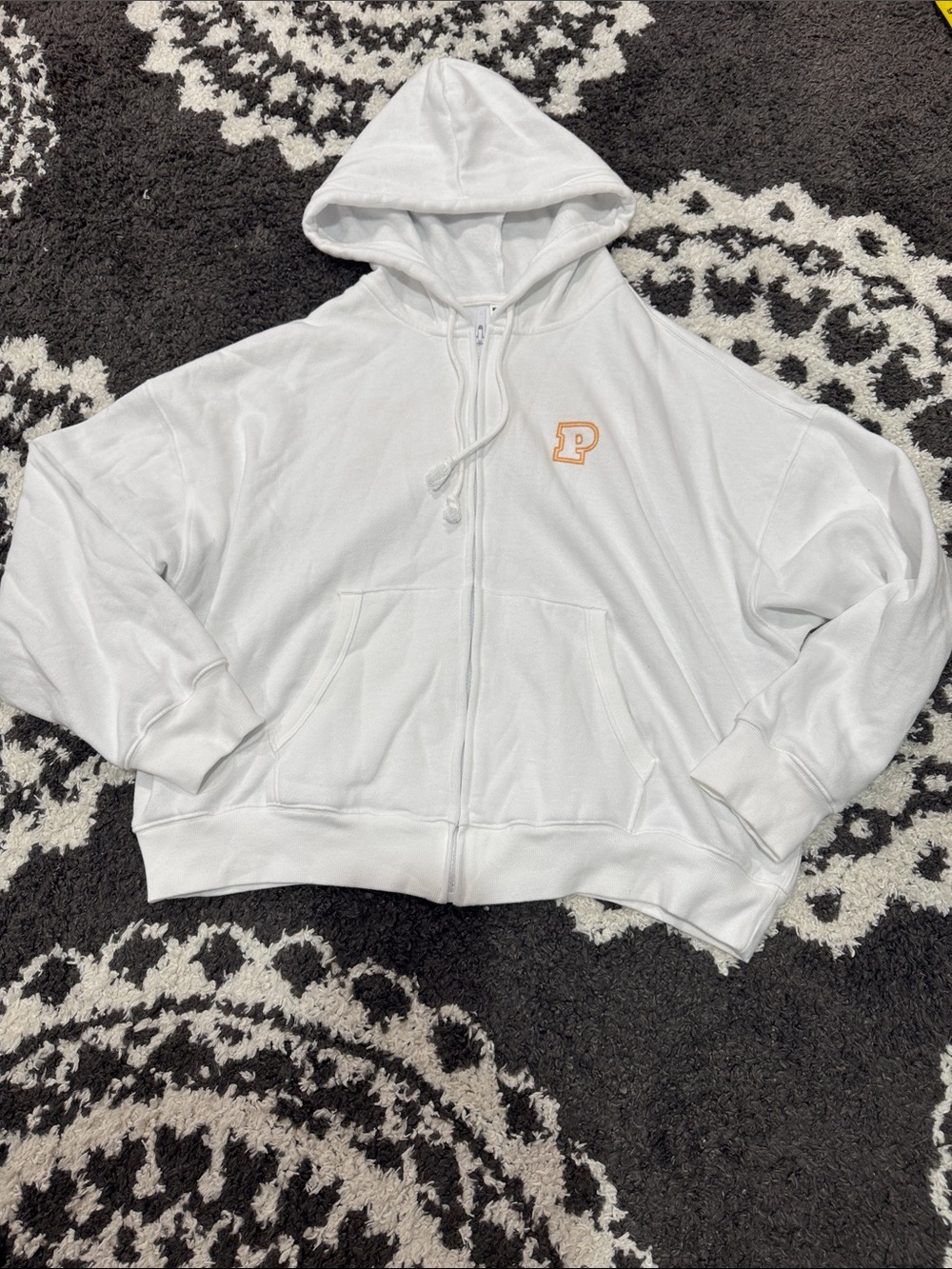 Victoria’s Secret pink campus fleece White Zip-Up logo Hoodie large